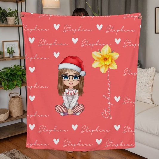 Personalized Cute Cartoon Character Birth Flower Jersey Fleece Blanket